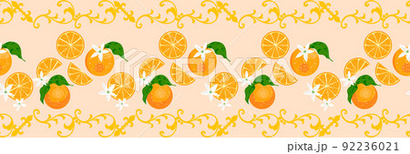 Orange fruit vector seamless pattern design, background, citrus fruits leaves, flowers horizontal ornamental border 92236021