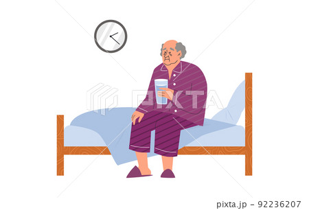 Upset elderly man sitting on bed with glass of water flat style Upset elderly man sitting on bed with glass of water flat style 92236207