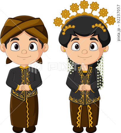 Cartoon Indonesian couple wearing Javanese traditional clothes 92237057