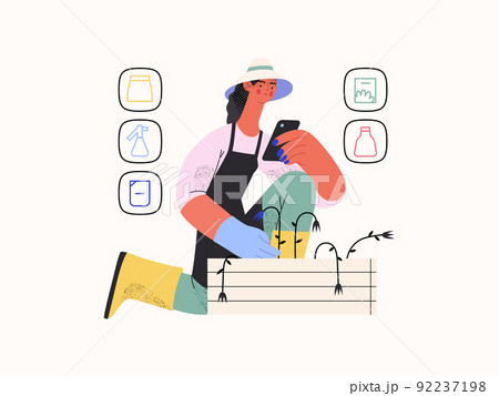 Shop now - Online shopping and electronic commerce series - modern flat vector concept illustration of a woman gardening and shopping online. Promotion, discounts, sale and online orders concept 92237198