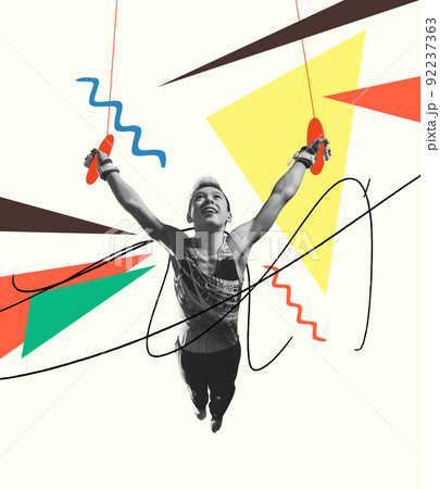 Sportive flexible little boy, professional gymnastics artist doing exercises isolated on colorful abstract background. Contemporary art collage Sportive flexible little boy, professional gymnastics artist doing exercises isolated on colorful abstract background. Contemporary art collage 92237363