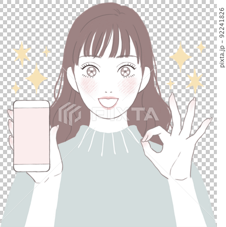 A woman with shining eyes and a smartphone OK pose ver A woman with shining eyes and a smartphone OK pose ver 92241826