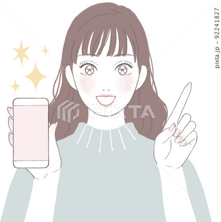 目を輝かせスマートフォンを持つ女性 指差しver 目を輝かせスマートフォンを持つ女性 指差しver 92241827