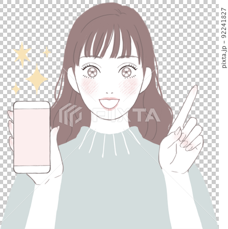 目を輝かせスマートフォンを持つ女性 指差しver 目を輝かせスマートフォンを持つ女性 指差しver 92241827