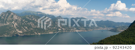 Aerial shot of Iseo lake and mountains around 92243420