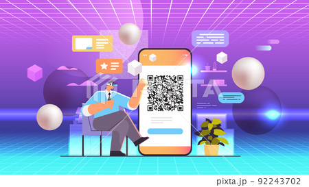 businessman in virtual reality glasses scanning QR code on smartphone screen readable barcode verification 92243702