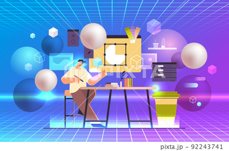 designer in virtual reality glasses drawing with pen in graphic editor man creating website vr vision headset innovation designer in virtual reality glasses drawing with pen in graphic editor man creating website vr vision headset innovation 92243741