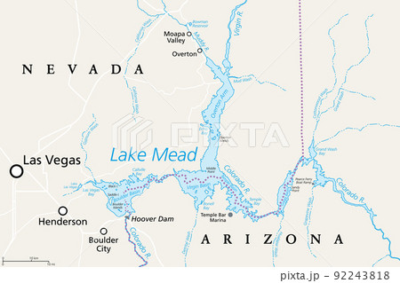 Lake Mead, largest reservoir in the US, political map. Formed by the Hoover Dam on the Colorado River in the Southwestern United States, located in the states of Nevada and Arizona, east of Las Vegas. 92243818