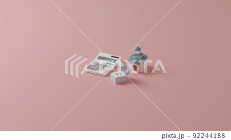 平面上に置かれた指輪とミニチュアのチャペル、電卓の3Dレンダリングイラスト 平面上に置かれた指輪とミニチュアのチャペル、電卓の3Dレンダリングイラスト 92244188