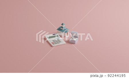 平面上に置かれた指輪とミニチュアのチャペル、電卓の3Dレンダリングイラスト 92244195