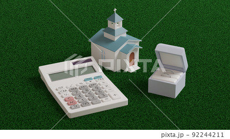 平面上に置かれた指輪とミニチュアのチャペル、電卓の3Dレンダリングイラスト 92244211