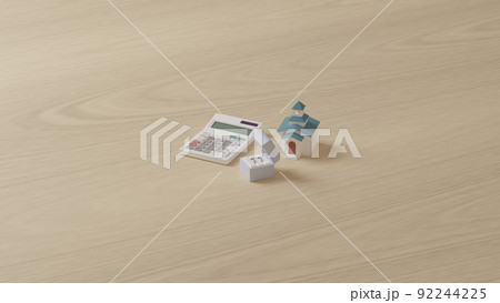 平面上に置かれた指輪とミニチュアのチャペル、電卓の3Dレンダリングイラスト 92244225