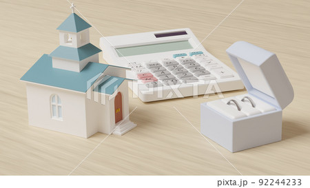 平面上に置かれた指輪とミニチュアのチャペル、電卓の3Dレンダリングイラスト 平面上に置かれた指輪とミニチュアのチャペル、電卓の3Dレンダリングイラスト 92244233