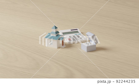 平面上に置かれた指輪とミニチュアのチャペル、電卓の3Dレンダリングイラスト 平面上に置かれた指輪とミニチュアのチャペル、電卓の3Dレンダリングイラスト 92244235