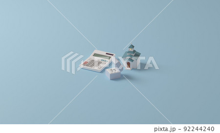 平面上に置かれた指輪とミニチュアのチャペル、電卓の3Dレンダリングイラスト 平面上に置かれた指輪とミニチュアのチャペル、電卓の3Dレンダリングイラスト 92244240