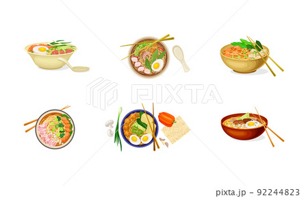 Ramen noodles with chopsticks set. Traditional Asian soup served in deep bowls vector illustratio 92244823