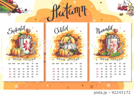 2022 Calendar Autumn Coffee mug, gingerbread cookie, cinnamon sticks 92245172
