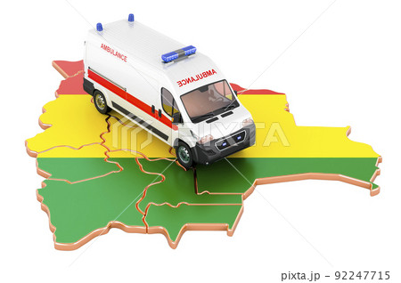 Emergency medical services in Bolivia. Ambulance van on the Bolivian map. 3D rendering Emergency medical services in Bolivia. Ambulance van on the Bolivian map. 3D rendering 92247715