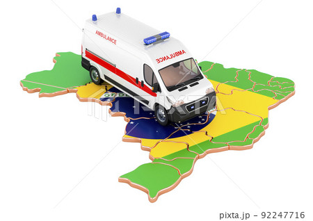 Emergency medical services in Brazil. Ambulance van on the Brazilian map. 3D rendering Emergency medical services in Brazil. Ambulance van on the Brazilian map. 3D rendering 92247716