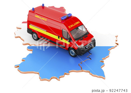 Emergency medical services in Luxembourg. Ambulance van on the Luxembourgish map. 3D rendering Emergency medical services in Luxembourg. Ambulance van on the Luxembourgish map. 3D rendering 92247743