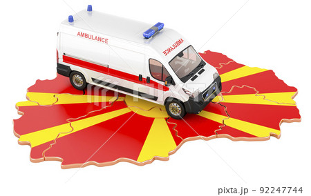 Emergency medical services in Macedonia. Ambulance van on the Macedonian map. 3D rendering Emergency medical services in Macedonia. Ambulance van on the Macedonian map. 3D rendering 92247744