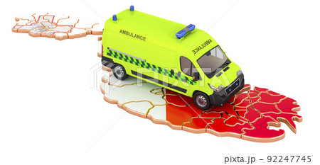Emergency medical services in Malta. Ambulance van on the Maltese map. 3D rendering Emergency medical services in Malta. Ambulance van on the Maltese map. 3D rendering 92247745