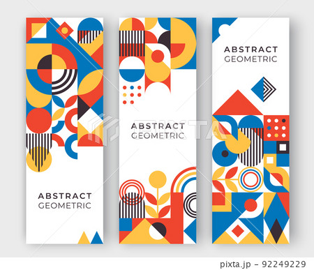 Bauhaus inspired three vertical banners with square figures, shadows and text. Minimal modern abstract brochure 92249229