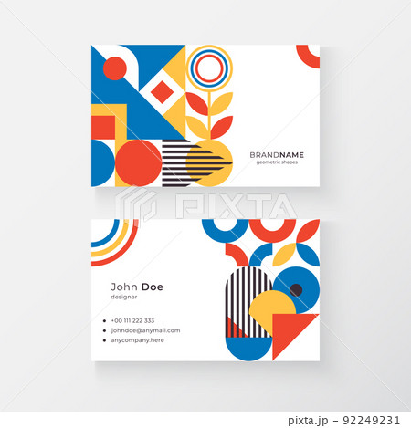 Bauhaus inspired business cards with square figures, shadows and text. Minimal abstract basic figures 92249231