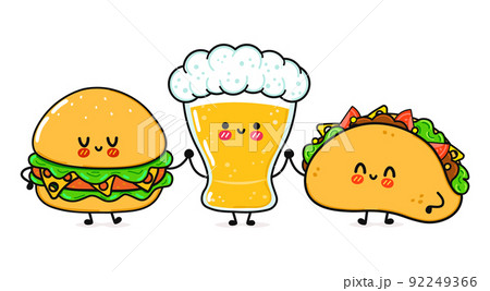 Cute, funny happy glass of beer taco hamburger. Vector hand drawn cartoon kawaii characters, illustration icon. Funny cartoon glass of beer taco hamburger mascot friends concept Cute, funny happy glass of beer taco hamburger. Vector hand drawn cartoon kawaii characters, illustration icon. Funny cartoon glass of beer taco hamburger mascot friends concept 92249366