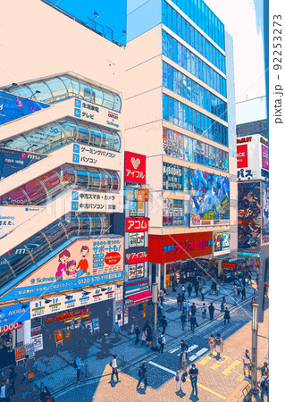 休日の秋葉原でショッピングを楽しむ人々や風景のイラスト 92253273