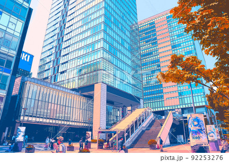 休日の秋葉原でショッピングを楽しむ人々や風景のイラスト 92253276