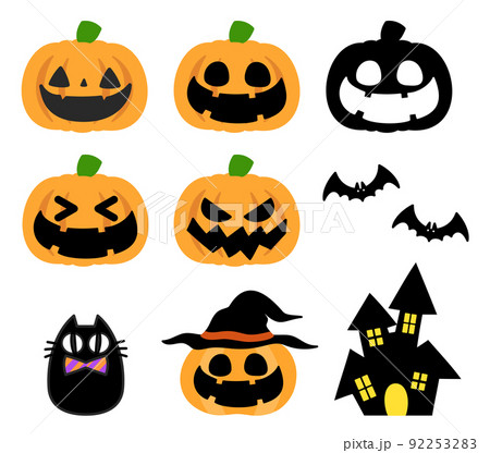 ハロウィンで使えるかぼちゃ、こうもり、家、ねこなどの白フチのあるイラストセット。 92253283
