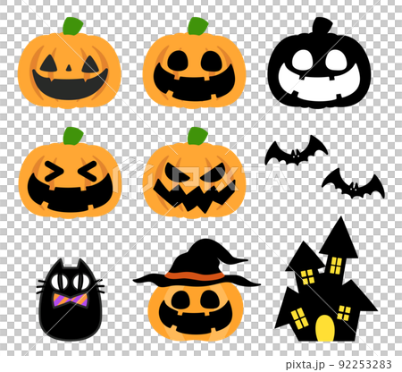 ハロウィンで使えるかぼちゃ、こうもり、家、ねこなどの白フチのあるイラストセット。 92253283