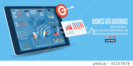 3D isometric business data governance concept with technology security, data security, data protection, research, analysis, Development and science technology.  Vector illustration eps10 92257878