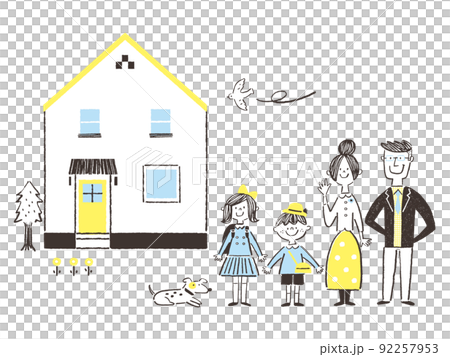 笑顔の家族と一軒家のイラスト 笑顔の家族と一軒家のイラスト 92257953