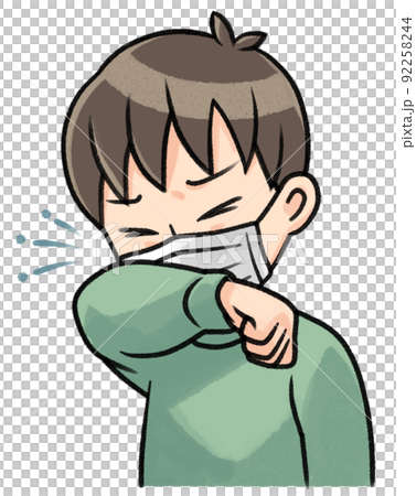 一個戴著口罩，用手臂摀住咳嗽的人 92258244