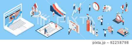 3D isometric Business activities concept with office workers process a work scheduling, planning. Modern trendy concepts for web sites and mobile web sites. Vector illustration eps10 92258798