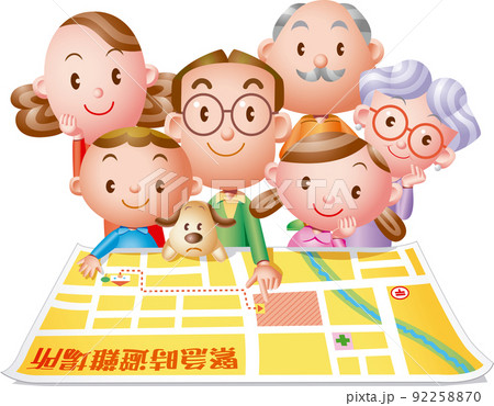 防災:家族6人で地図を使って避難所の確認 防災:家族6人で地図を使って避難所の確認 92258870