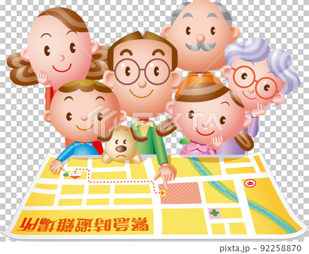 防災:家族6人で地図を使って避難所の確認 防災:家族6人で地図を使って避難所の確認 92258870