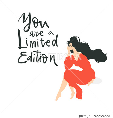 You are a limited edition. Beautiful woman in the red dress is happy today. Concept illustration. 92259228
