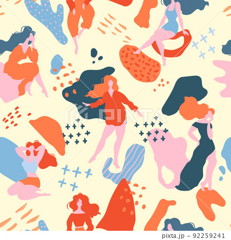 Seamless pattern with abstract shapes and beautiful women. Smooth modern creative elements. Ideal for wallpaper or wrapping paper. Seamless pattern with abstract shapes and beautiful women. Smooth modern creative elements. Ideal for wallpaper or wrapping paper. 92259241