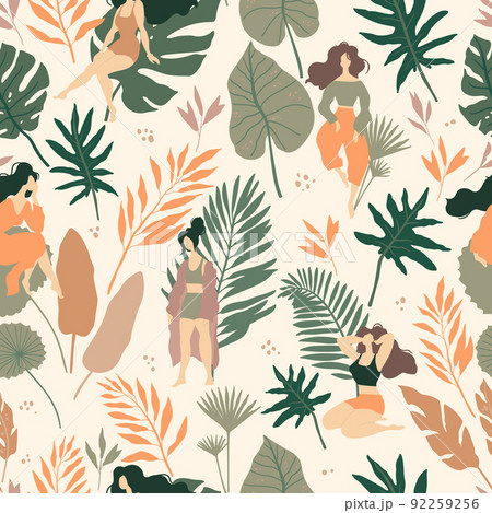 Seamless pattern with tropical spirit and beautiful women. Jungle leaves and palms. Ideal for wallpaper or wrapping paper. Seamless pattern with tropical spirit and beautiful women. Jungle leaves and palms. Ideal for wallpaper or wrapping paper. 92259256