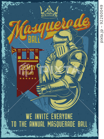 Advertising poster design with illustration of a knight with a sword on background. 92260049