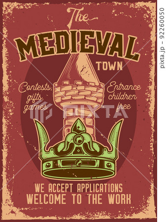 Advertising poster design with illustration of a crown with a tower on background. 92260050