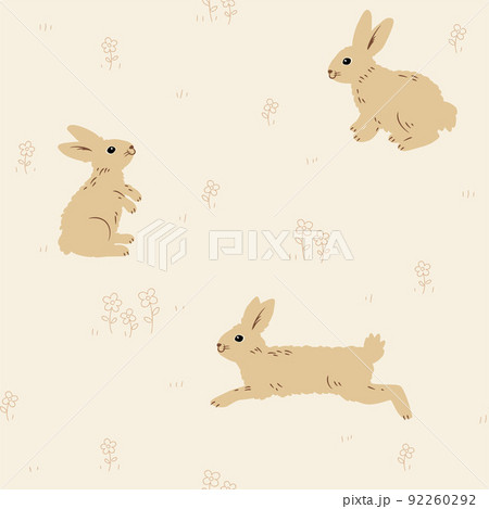 茶色いウサギと野原のシームレスパターン 92260292