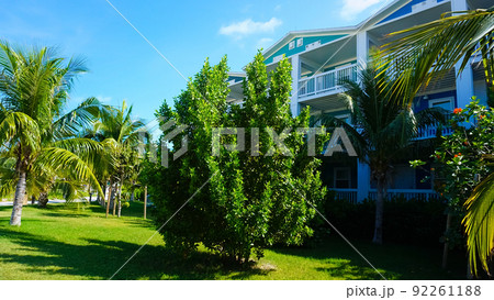 Beach on Ocean Cay Bahamas Island with a colorful houses and turquoise water Beach on Ocean Cay Bahamas Island with a colorful houses and turquoise water 92261188