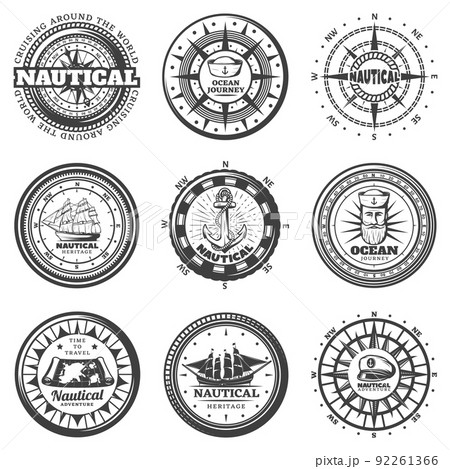 Vintage Monochrome Round Nautical Labels Set Vintage Monochrome Round Nautical Labels Set 92261366