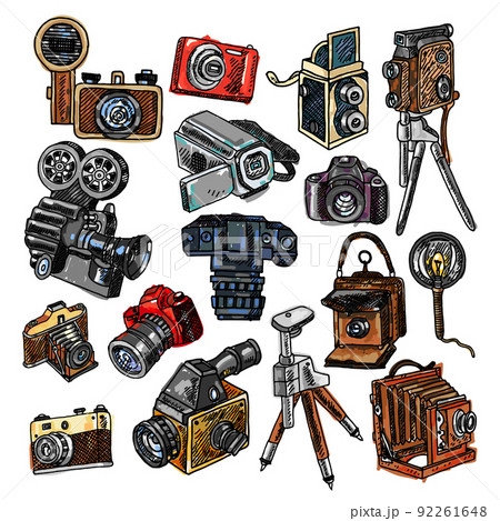 Camera doodle sketch icons set 92261648