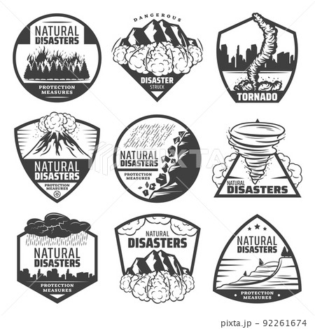 Vintage Monochrome Natural Disaster Labels Set Vintage Monochrome Natural Disaster Labels Set 92261674