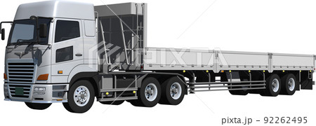 銀色のトラクター3軸と銀色のトレーラー2軸の大型カーゴ切抜き画像イラスト 92262495